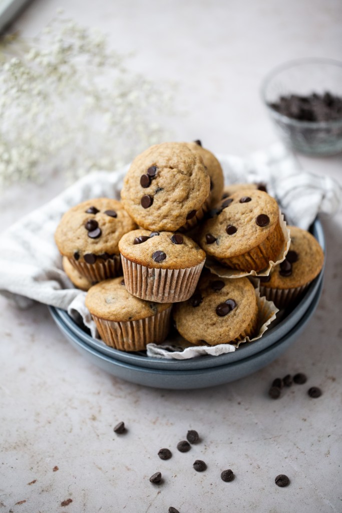 honey banana chocolate chip muffins in a bowl